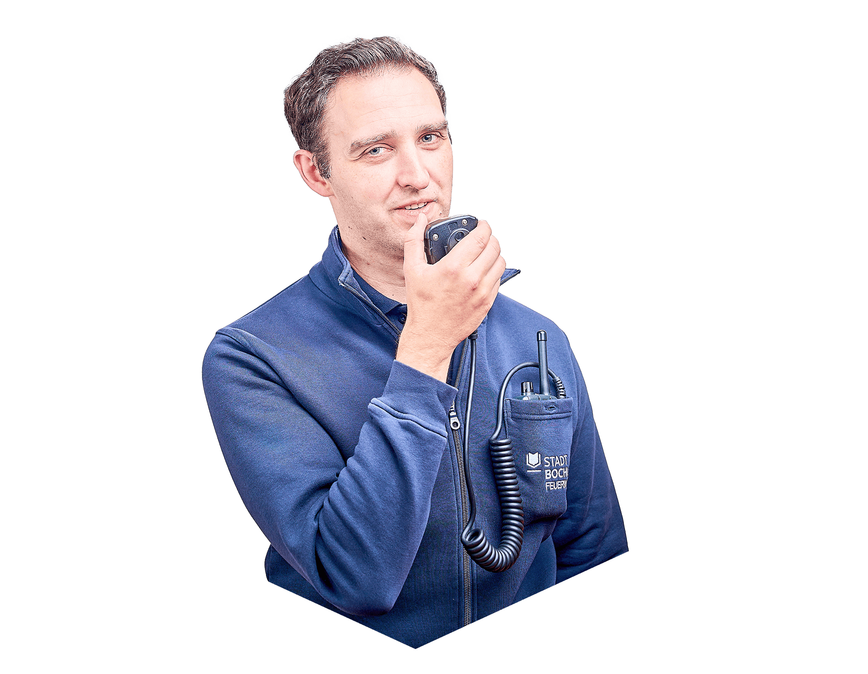 Ein Mann, der eine Jacke von der Stadt Bochum trägt und einem Funkgerät in der Hand hat.