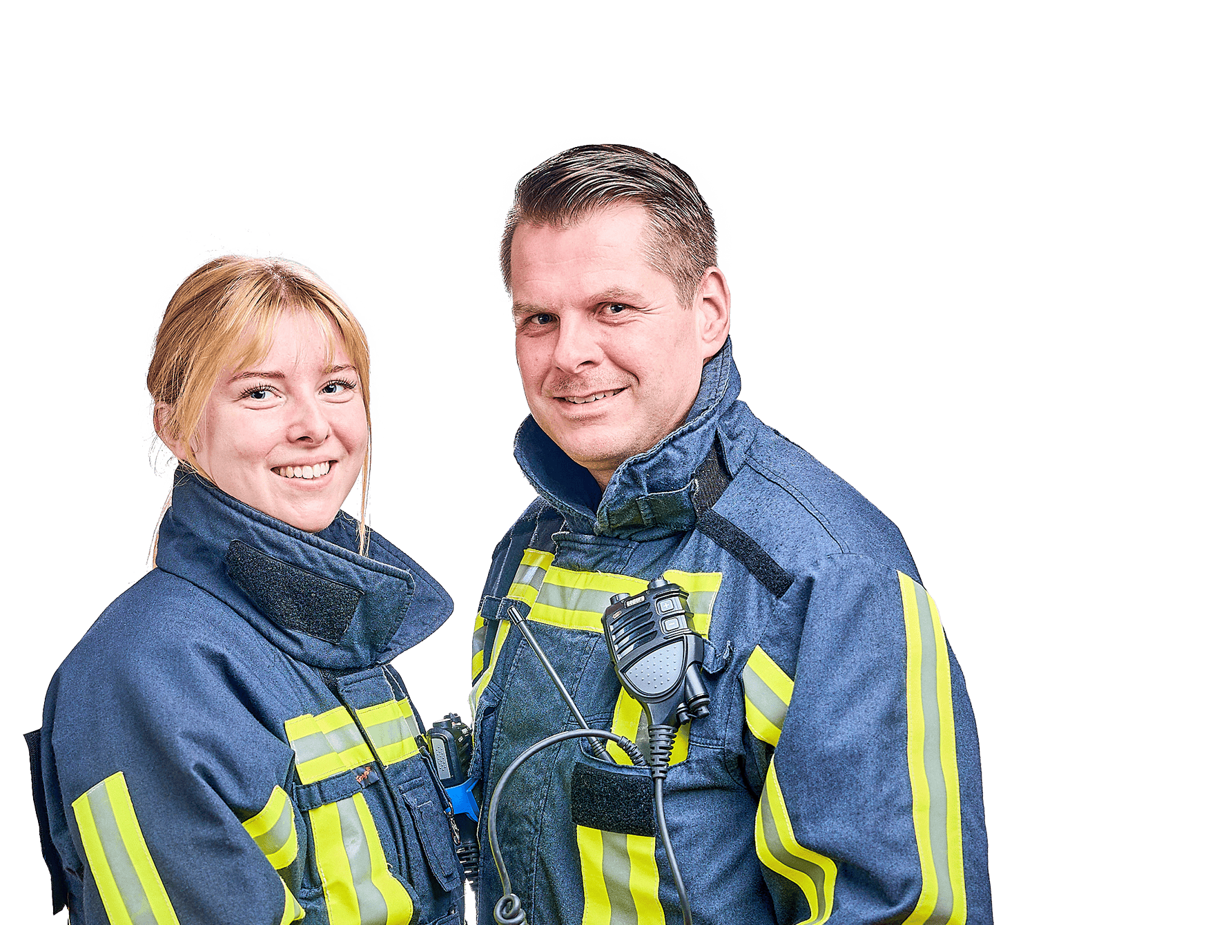 Eine Feuerwehrfrau und ein Feuerwehrmann in Uniform