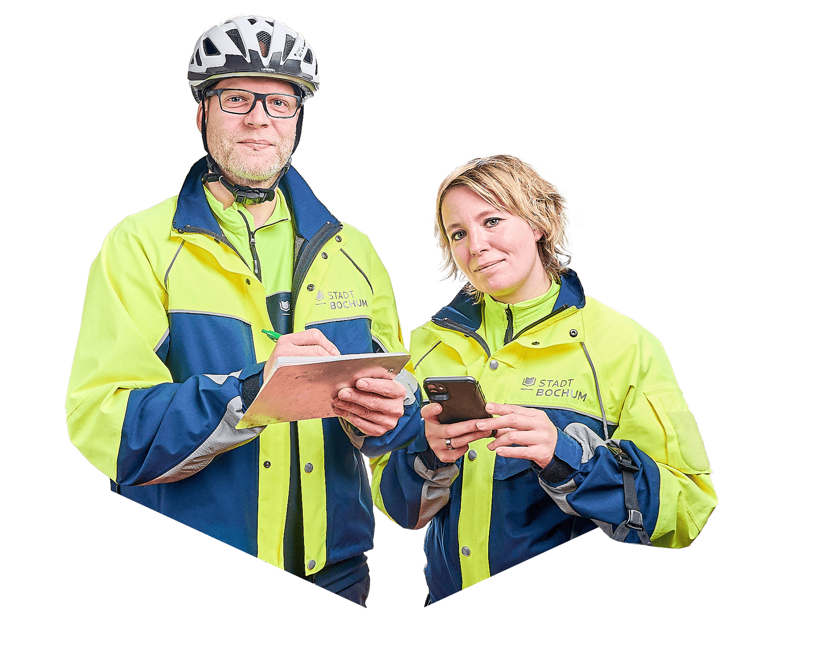 Ein Mann mit Brille und Fahrradhelm und eine Frau mit Smartphone mit jeweils einer blau-gelben Jacke der Stadt Bochum